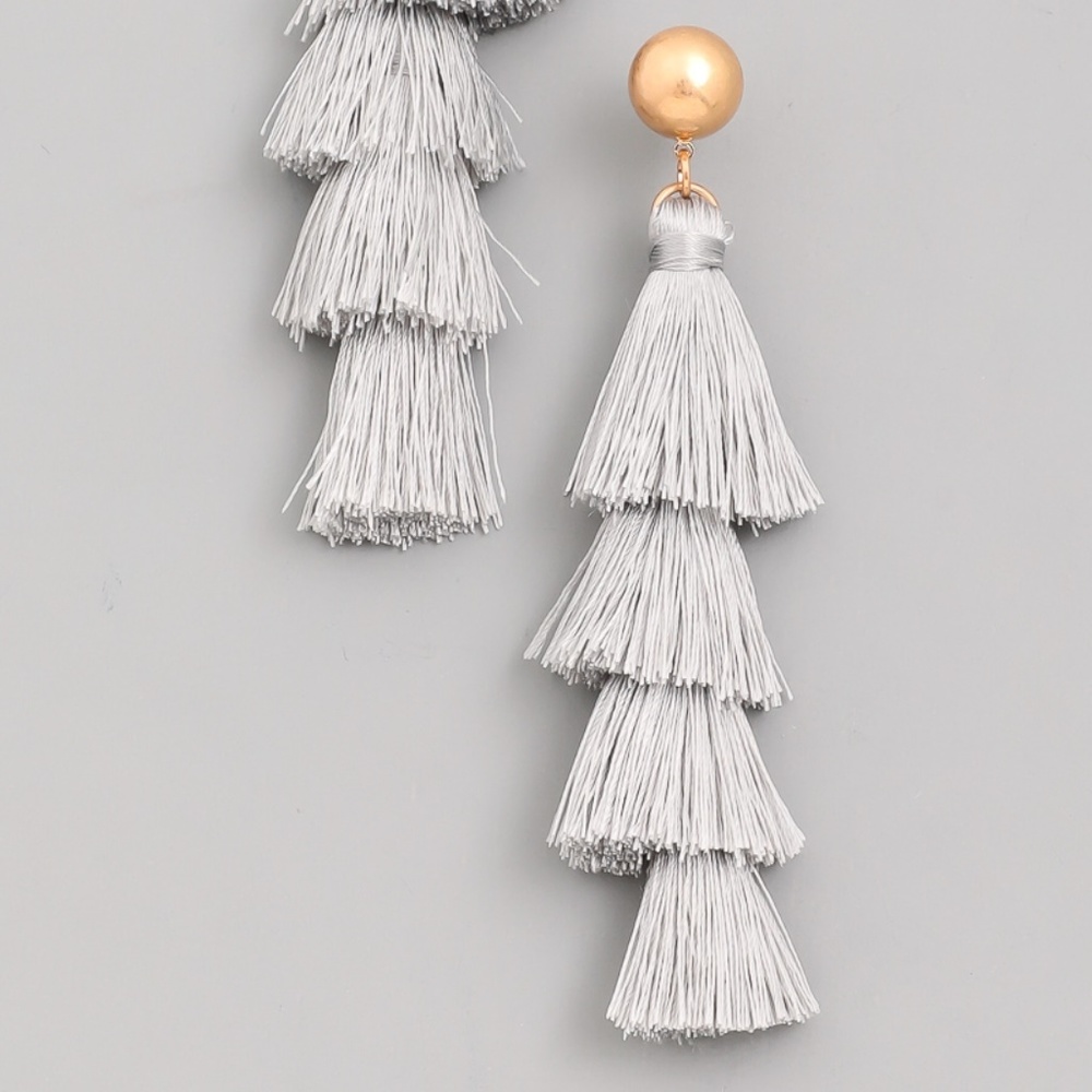 Gray Bright Layered Tassel Ear Rings